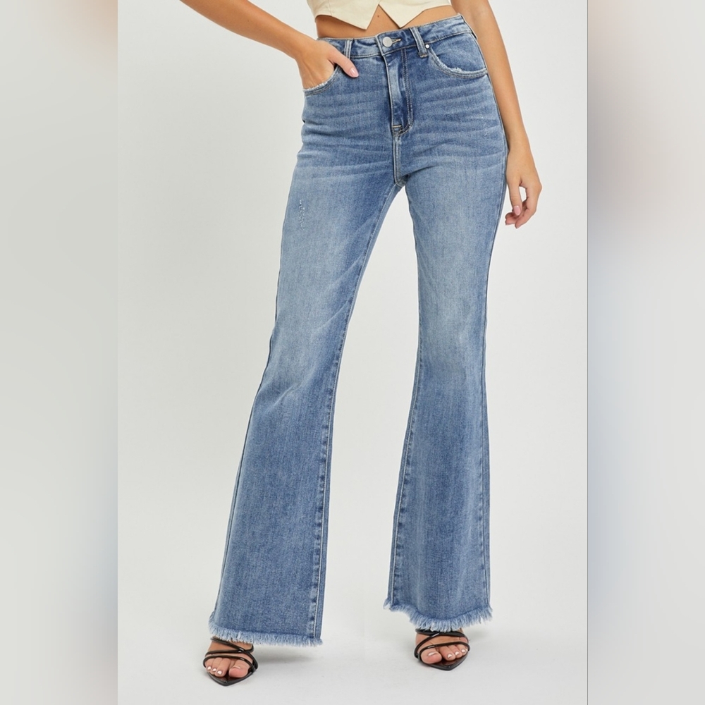 RISEN Tummy Control High-Rise Slim Fit Pants Frayed Flare Hem Retro Denim Jeans - Picture 10 of 15